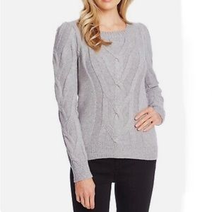 CECE Heather Grey Cable Knit Crewneck Sweate